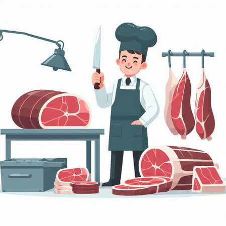 Butcher with a knife in his hands cutting meat. Vector illustrationのイラスト素材