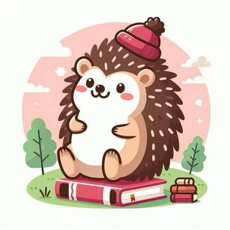 Cute cartoon hedgehog with books on the background of the forestのイラスト素材