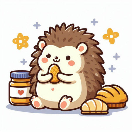 Cute hedgehog with ice cream and bread. Vector illustration.のイラスト素材