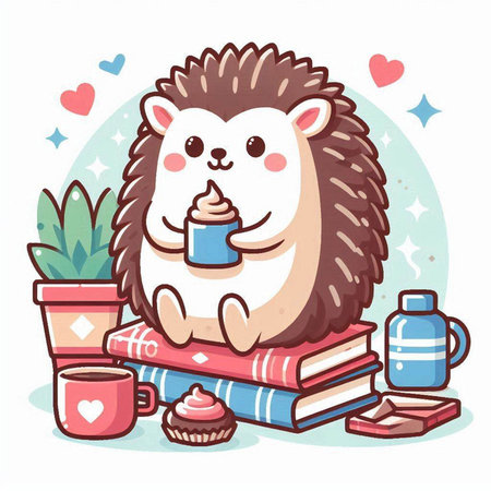 Cute cartoon hedgehog with a cup of coffee and books. Vector illustration.のイラスト素材