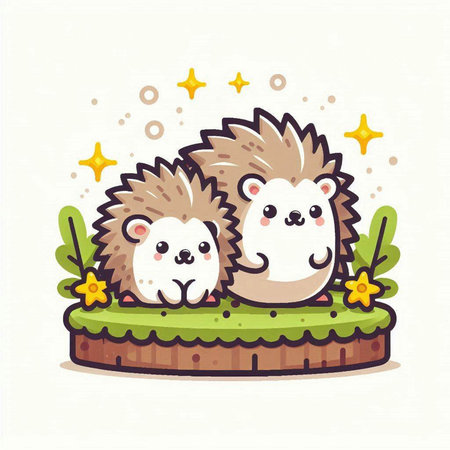 Cute cartoon hedgehogs on the island. Vector illustration.のイラスト素材