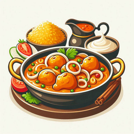 Illustration of a bowl of chicken curry with rice, tomato and onionのイラスト素材