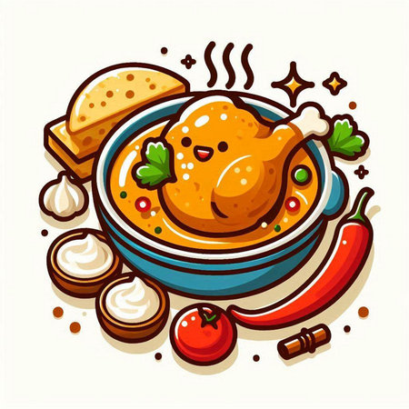 Vector illustration of a bowl of spicy chicken soup with ingredients on white backgroundのイラスト素材