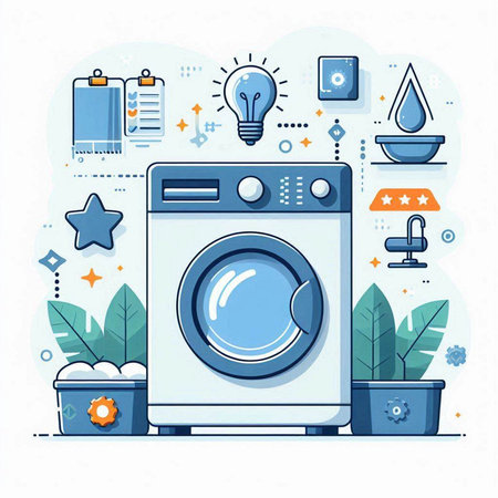 Laundry service concept. Washing machine, washing powder, water drops and other things. Vector illustrationのイラスト素材