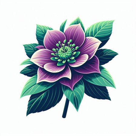 Beautiful purple flower with green leaves isolated on white background. Vector illustration.のイラスト素材