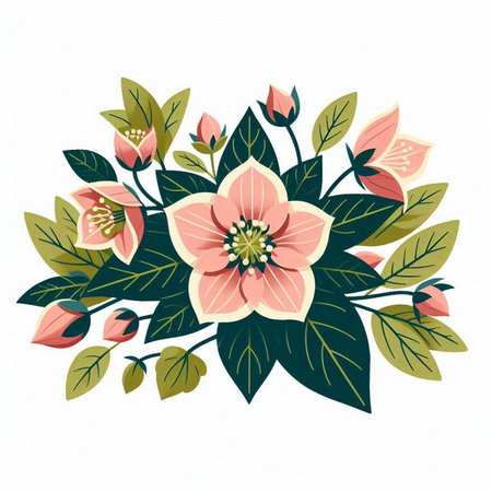 Illustration of a bouquet with flowers and leaves. Vector.のイラスト素材