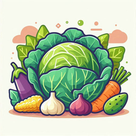 Vegetables vector illustration. Cabbage, onion, garlic, carrot, eggplant, cucumber, onion, corn.のイラスト素材