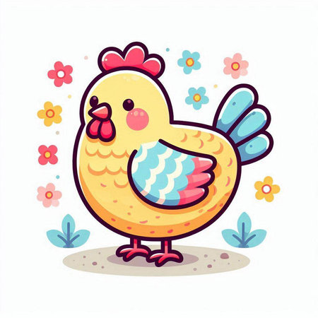 Cute chicken with flowers. Vector illustration in cartoon style on white background.のイラスト素材