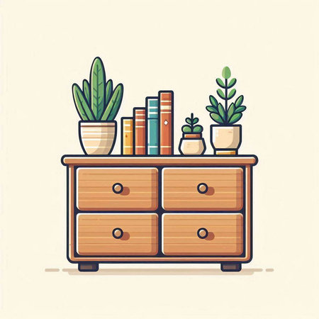Wooden chest of drawers with house plants. Vector illustration.のイラスト素材