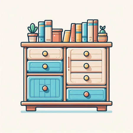 Wooden chest of drawers with books on it. Vector illustration.のイラスト素材