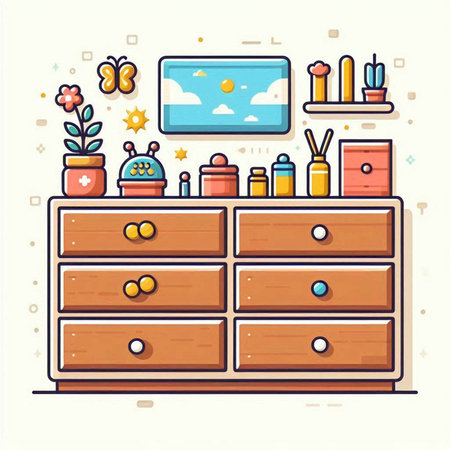 Illustration of a wooden chest of drawers with different items.のイラスト素材