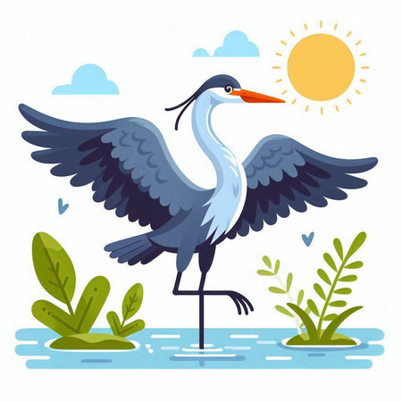 Flying stork on the lake. Vector illustration in flat style.のイラスト素材