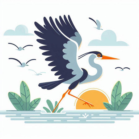 Vector illustration of a stork flying in the sky over the lakeのイラスト素材