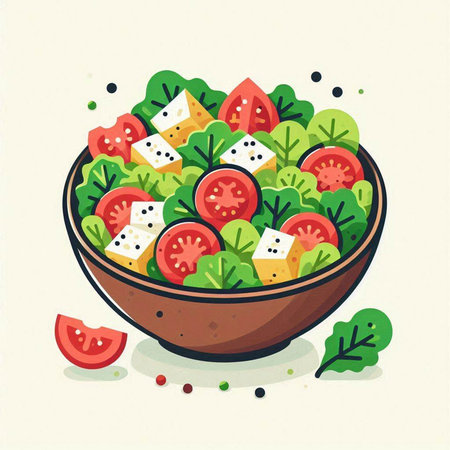 Salad bowl with tomatoes, cheese and herbs. Vector illustration.のイラスト素材