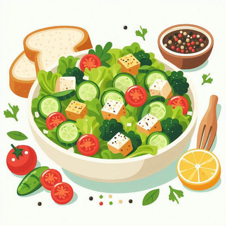 Salad with cheese, cucumber, tomato and lettuce. Vector illustrationのイラスト素材