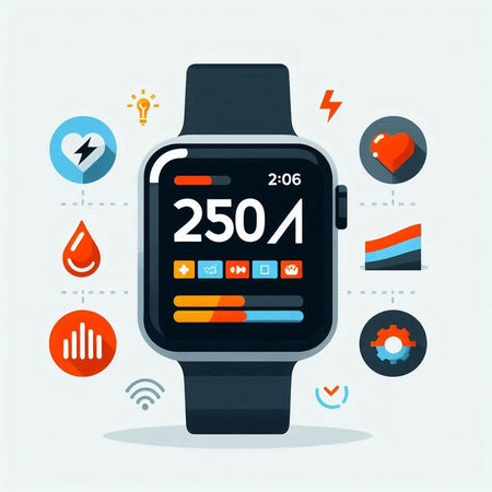 Smart watch with different icons on the screen. Vector illustration in flat style.のイラスト素材