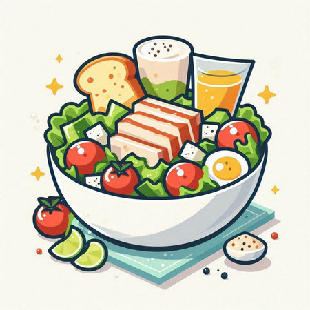 Salad with salmon, tomato, cucumber, lettuce and olive oil. Vector illustration.のイラスト素材