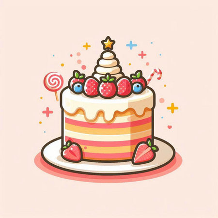 Birthday cake with cream and berries. Vector illustration of a birthday cake.のイラスト素材