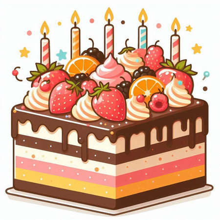 Illustration of a birthday cake with candles and fruits on a white backgroundのイラスト素材