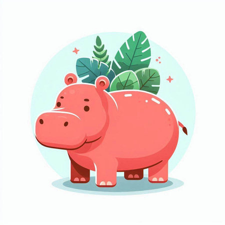 Cute hippo with tropical leaves. Vector illustration in cartoon styleのイラスト素材