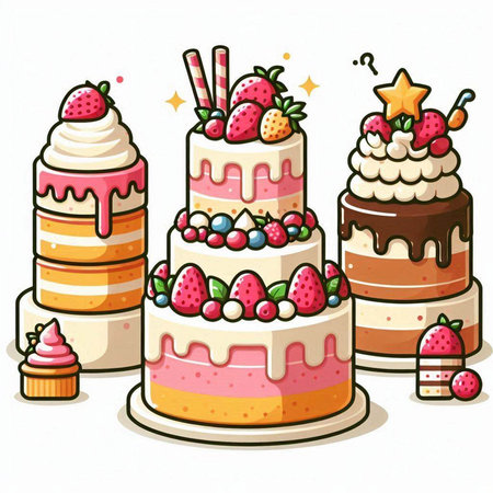 Illustration of Cakes with Berries and Ice Cream on White Backgroundのイラスト素材