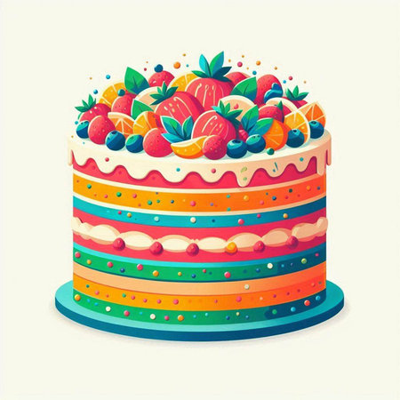 Birthday cake with fruits and berries on top. Vector illustration.のイラスト素材