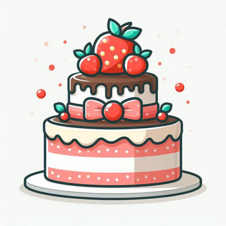 Birthday cake with strawberry and cream isolated on white background. Vector illustration.のイラスト素材