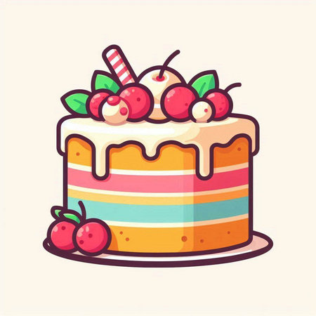 Cake with cherries. Vector illustration in a flat style.のイラスト素材