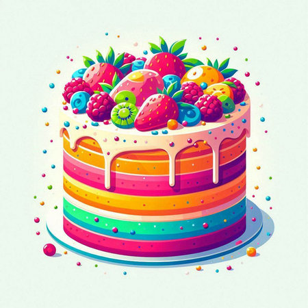 Birthday cake decorated with berries. Vector illustration in cartoon style.のイラスト素材