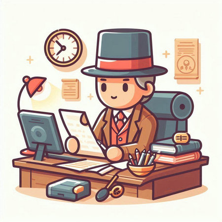 Cartoon detective sitting at his desk. Vector illustration in flat style.のイラスト素材