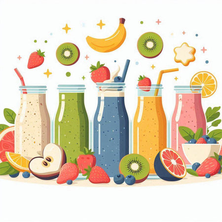 Fruit smoothies in bottles with fruits and berries. Vector illustration.のイラスト素材