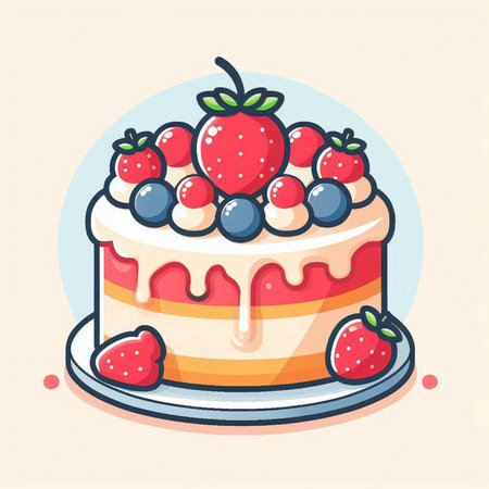 Vector illustration of a cake with strawberries and blueberries on a light background.のイラスト素材