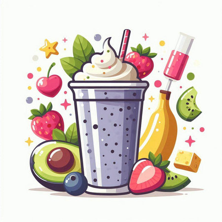 Fruit smoothies. Vector illustration of a milkshake with ice cream and fruitsのイラスト素材