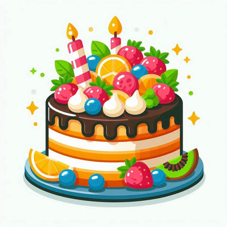 Birthday cake with candles, berries and fruits. Vector illustration.のイラスト素材