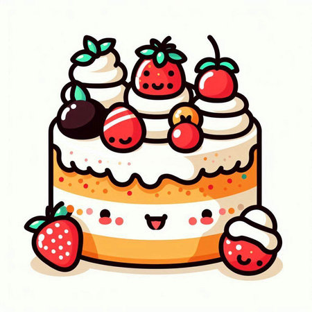 Cute cartoon cake with strawberries and cherries. Vector illustration.のイラスト素材