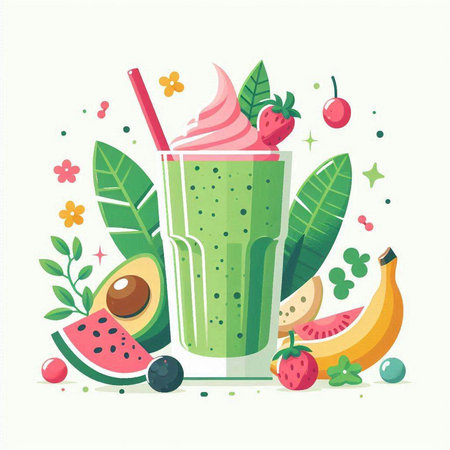 Green smoothie with fruit and berries. Vector illustration in flat style.のイラスト素材