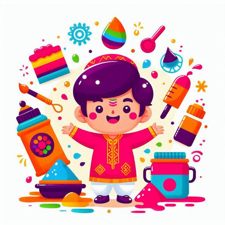 Cute Cartoon Indian Boy with Colorful Holi Festival Flat Vector Illustrationのイラスト素材