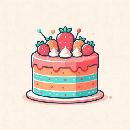 Cake with strawberries. Vector illustration in doodle style.のイラスト素材
