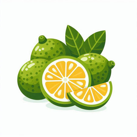 Lime fruit vector illustration isolated on white background. Juicy whole and half citrus fruit with leaves.のイラスト素材