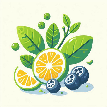 Citrus fruits with leaves and berries, flat vector illustration.のイラスト素材