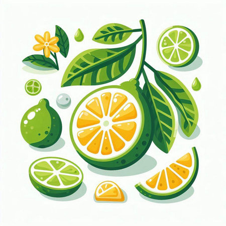 Citrus fruits. Vector illustration of lime with leaves and slices.のイラスト素材