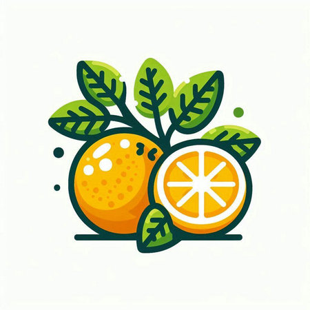 Citrus fruit vector illustration. Whole and half orange with leaves.のイラスト素材