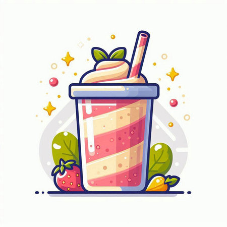 Strawberry smoothie in plastic cup with straw. Vector illustration.のイラスト素材