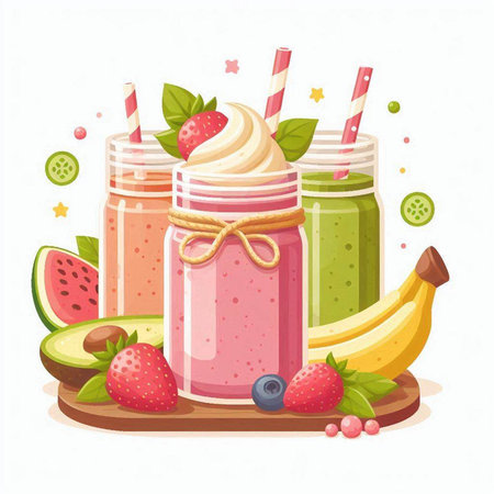 Smoothies in glass jars with fruits and berries. Vector illustration.のイラスト素材