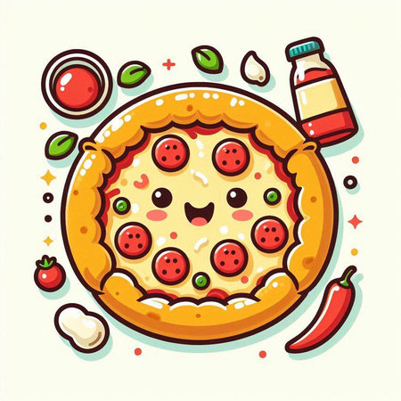 Pizza vector illustration. Cute cartoon pizza character. Vector illustration.のイラスト素材