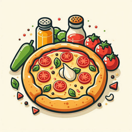 Pizza vector illustration. Vector illustration of a pizza with ingredients.のイラスト素材