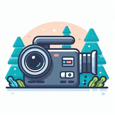 Vector illustration of a camera on a background of the forest. Flat design.のイラスト素材