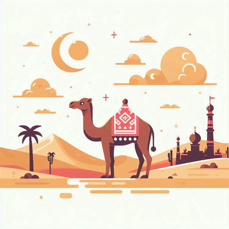 Vector illustration of camel in desert and mosque. Flat style design.のイラスト素材