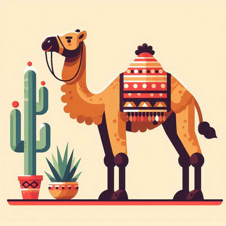 Camel and cactus. Vector illustration in flat cartoon style.のイラスト素材