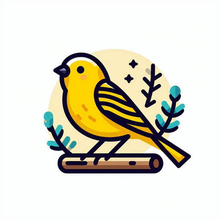 Cute yellow bird sitting on a branch. Vector flat illustration.のイラスト素材